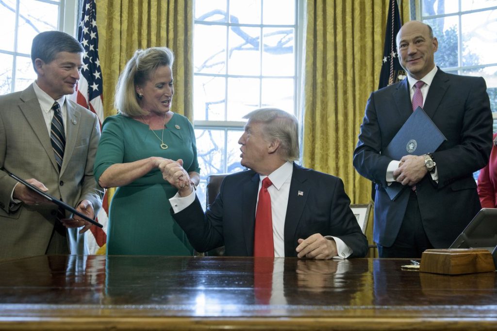 US President Donald Trump shakes the hand of Rep. Ann Wagner (R-MO) after signing a memorandum about Labor Department rules on investing in the Oval Office of the White House on February 3, 2017 in Washington, DC.